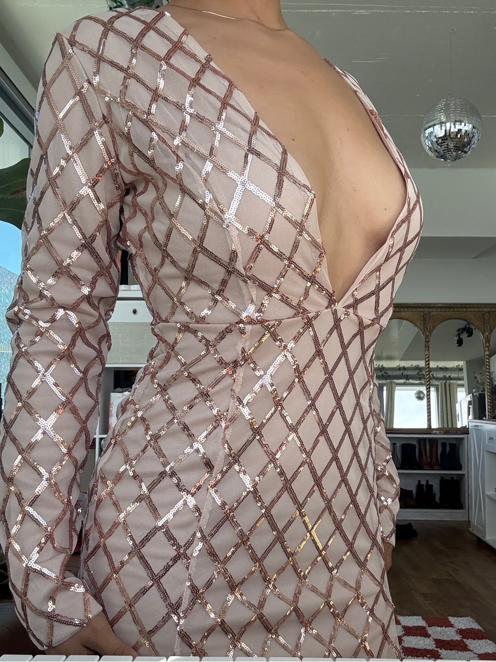 Plunge V-Neck Sequin Grid Bodycon Dress - Blush